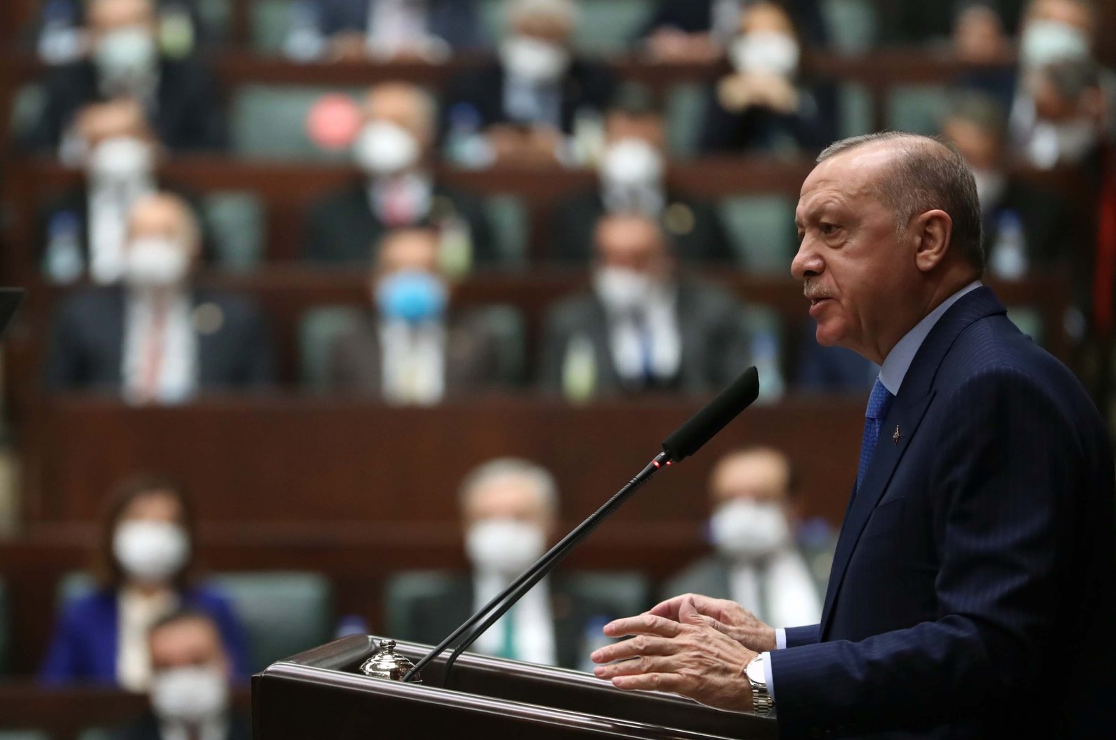 The ruling Justice and Development Party&#039;s (AK Party) chairperson, President Recep Tayyip Erdoğan, addresses his party&#039;s lawmakers at a group parliamentary meeting, in the capital Ankara, Turkey, Dec. 22, 2021. (DHA Photo)