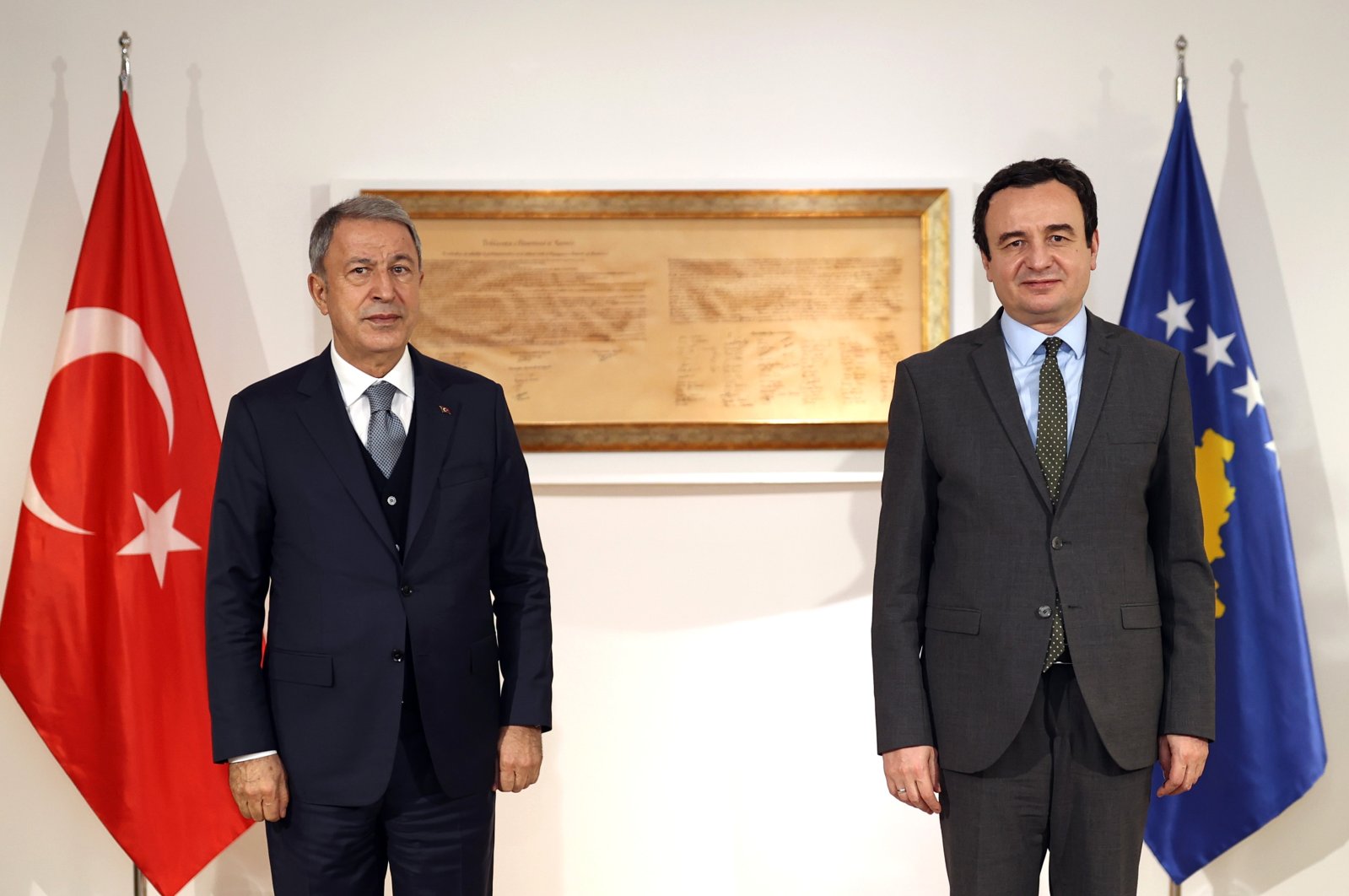 Defense Minister Hulusi Akar (L) and Kosovo Prime Minister Albin Kurti, Pristina, Kosovo, Dec. 28, 2021. (AA Photo)
