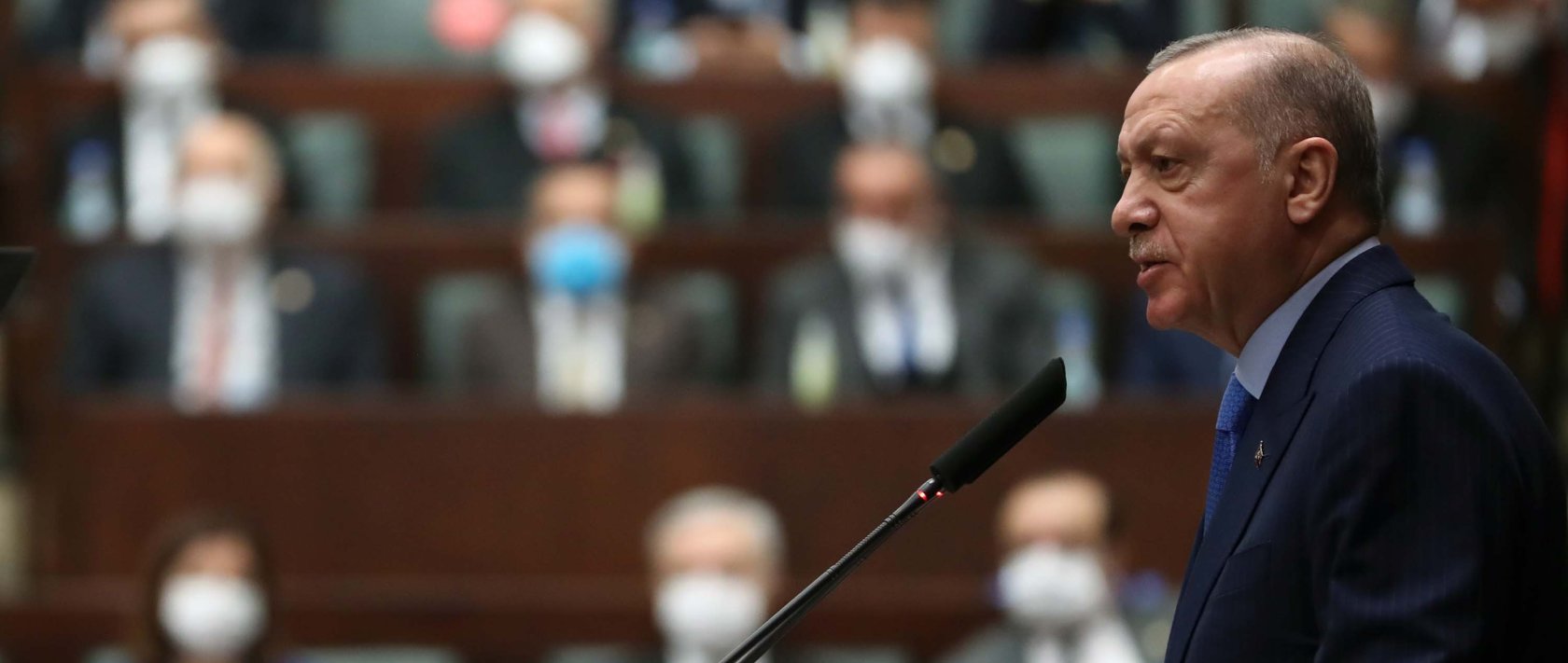 The ruling Justice and Development Party&#039;s (AK Party) chairperson, President Recep Tayyip Erdoğan, addresses his party&#039;s lawmakers at a group parliamentary meeting, in the capital Ankara, Turkey, Dec. 22, 2021. (DHA Photo)