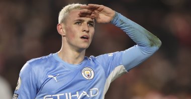 Manchester City's Phil Foden looks into the crowd during a Premier League match against Brentford, London, England, Dec. 29, 2021. (AP Photo)