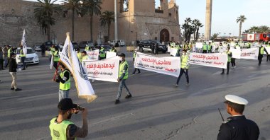 A group of young Libyan activists protests against the postponement of the presidential elections in the capital Tripoli's Martyrs Square, Libya, Dec. 25, 2021. (AFP Photo)