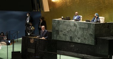 President Recep Tayyip Erdoğan speaks during the 76th Session of the General Assembly at U.N. Headquarters in New York, U.S., Sept. 21, 2021. (Getty Images)