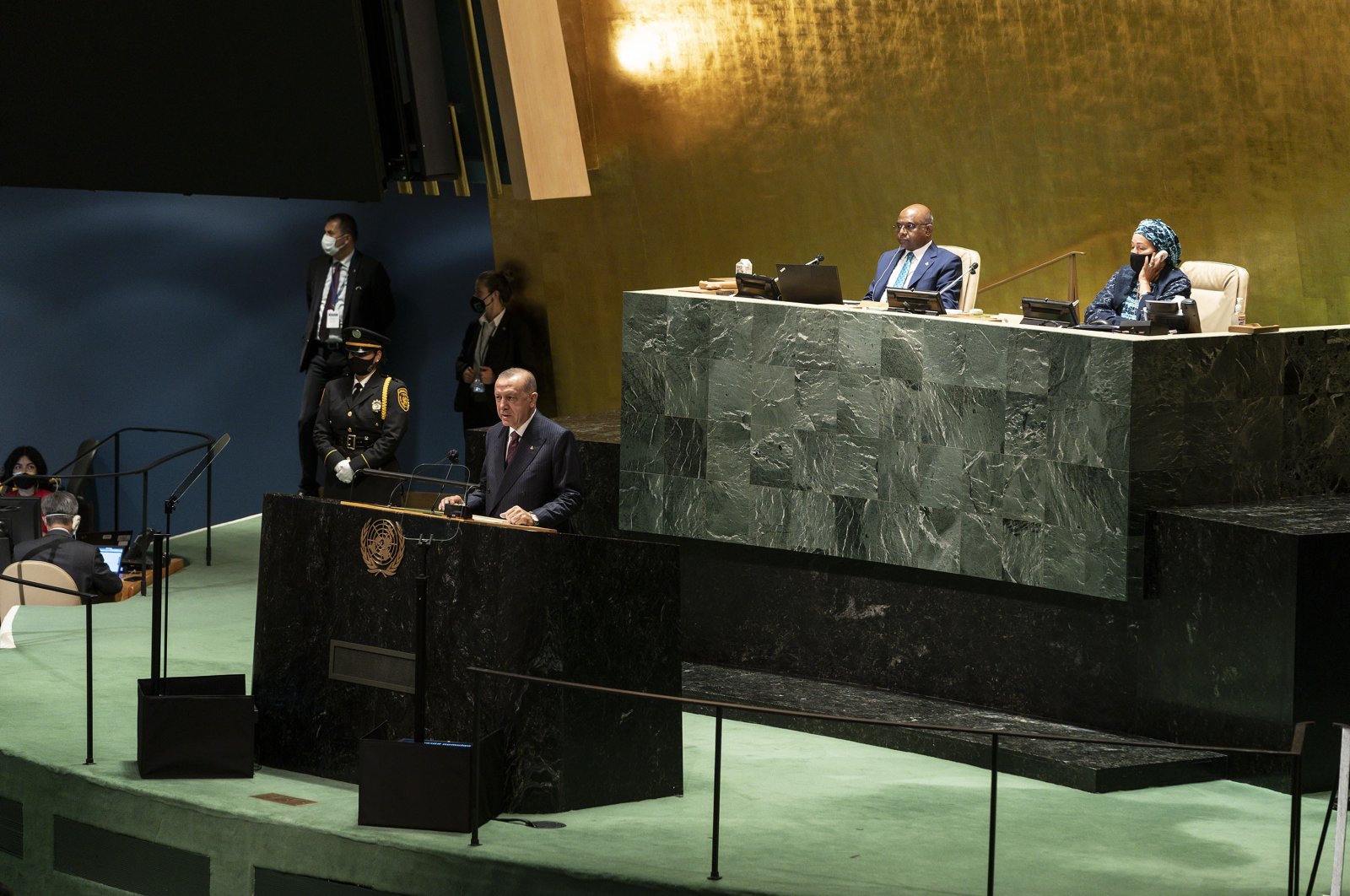 President Recep Tayyip Erdoğan speaks during the 76th Session of the General Assembly at U.N. Headquarters in New York, U.S., Sept. 21, 2021. (Getty Images)