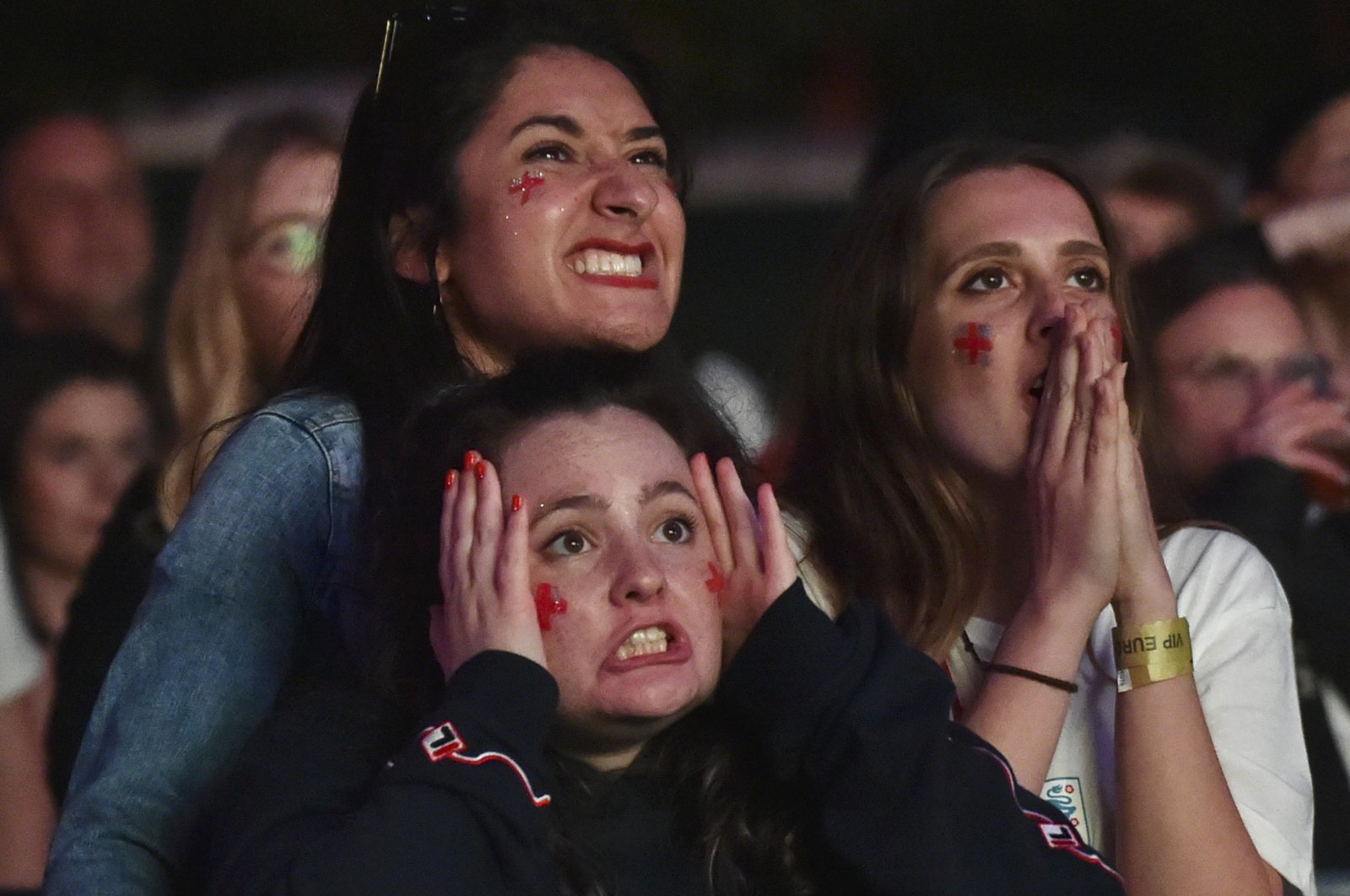 English supporters react watching the Euro 2020 final between England and Italy at a fan zone in Manchester, England, July 11, 2021. (AP Photo)