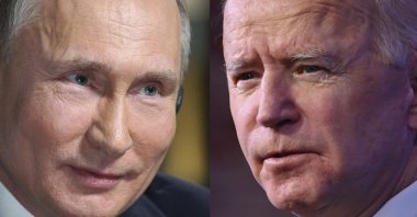 This combination of pictures created on June 7, 2021 shows Russia&#039;s President Vladimir Putin speaking with U.S. NBC news network anchor Megyn Kelly at the Kremlin on March 1, 2018 in Moscow and U.S. President Joe Biden delivering remarks on his plan to administer COVID-19 vaccines at The Queen theater in Wilmington, Delaware, U.S., Jan. 15, 2021. (AFP Photo)