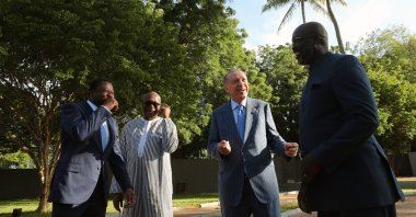 From left to right, Togolese President Faure Gnassingbe, Burkina Faso&#039;s President Christian Kabore, President Recep Tayyip Erdoğan and Liberian President George Weah talk ahead of a working dinner, in Lome, Togo, Oct. 19, 2021. (AA Photo)