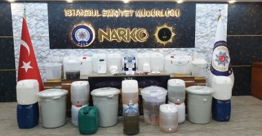 Police display drugs and chemicals seized in the operation in Istanbul, Turkey, Dec. 31, 2021. (İHA PHOTO)