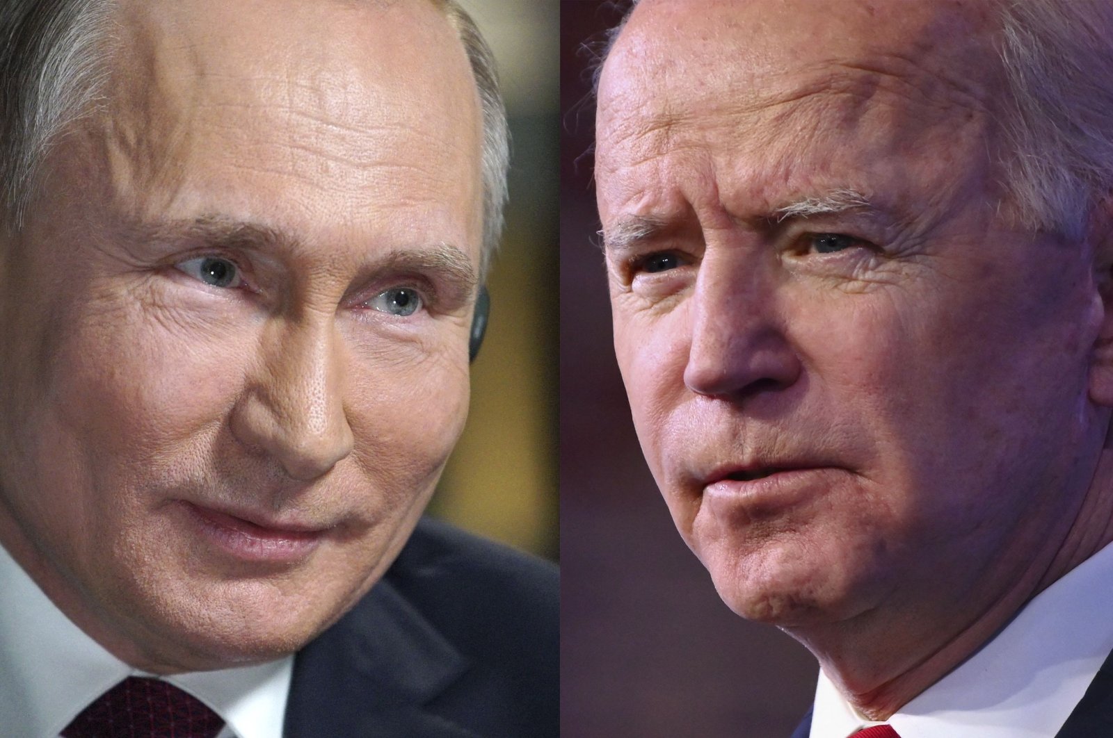This combination of pictures created on June 7, 2021 shows Russia&#039;s President Vladimir Putin speaking with U.S. NBC news network anchor Megyn Kelly at the Kremlin on March 1, 2018 in Moscow and U.S. President Joe Biden delivering remarks on his plan to administer COVID-19 vaccines at The Queen theater in Wilmington, Delaware, U.S., Jan. 15, 2021. (AFP Photo)