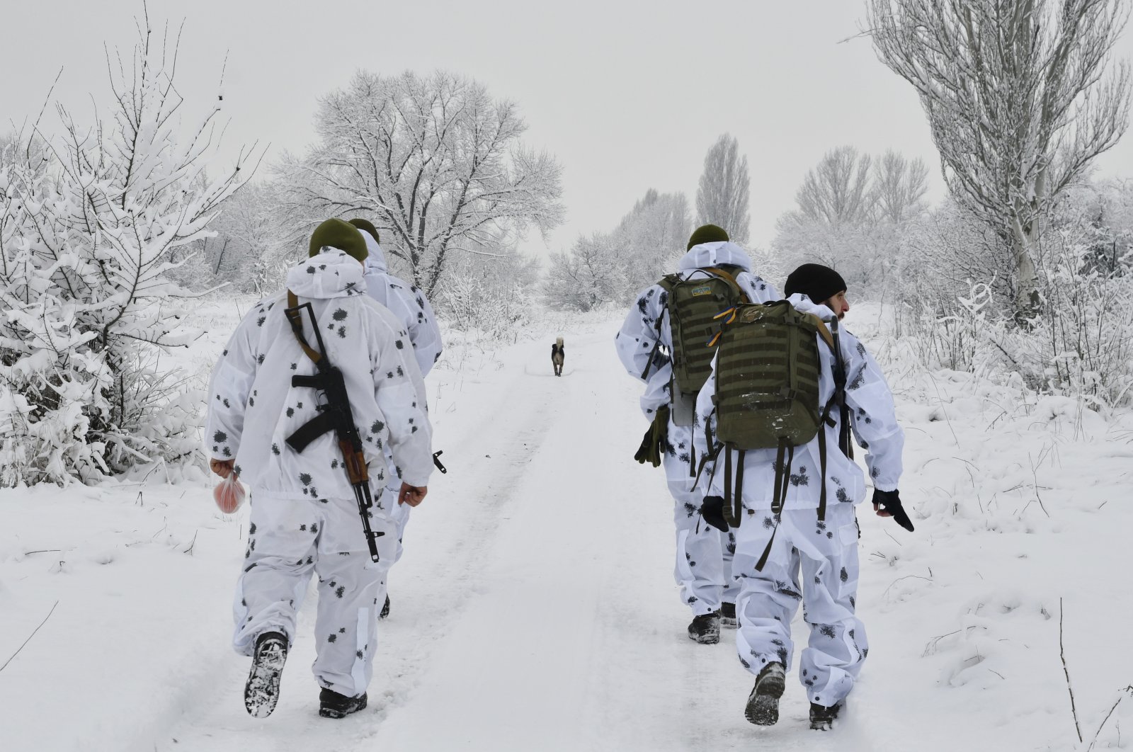 Ukrainian servicemen walk to their position at the frontline with Russia-backed separatists outside Verkhnotoretske village in Yasynuvata district of Donetsk region, eastern Ukraine, Dec. 27, 2021. (AP Photo)