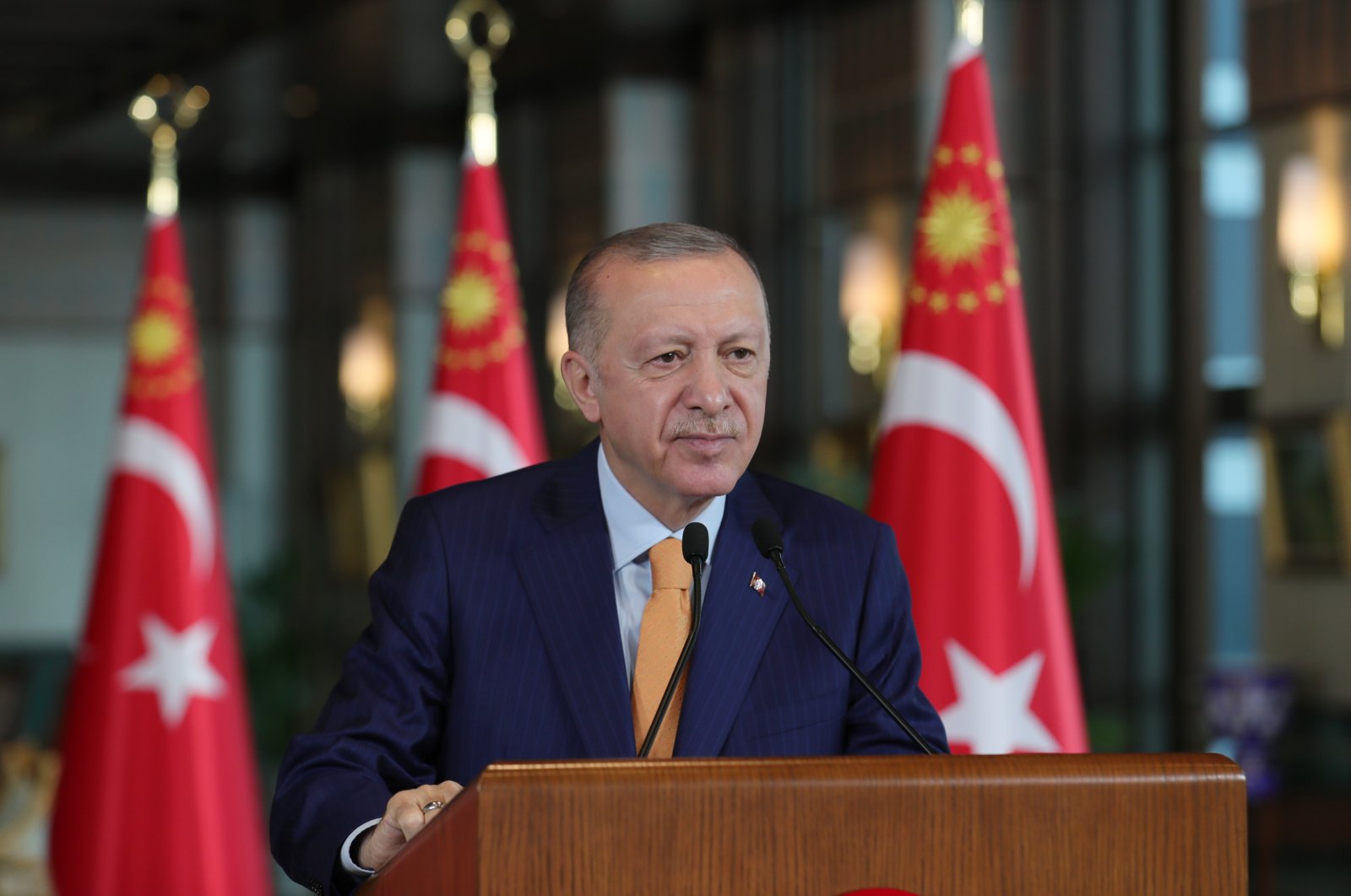 President Recep Tayyip Erdoğan attends a ceremony via video in the capital Ankara, Turkey, Dec. 29, 2021. (AA Photo)