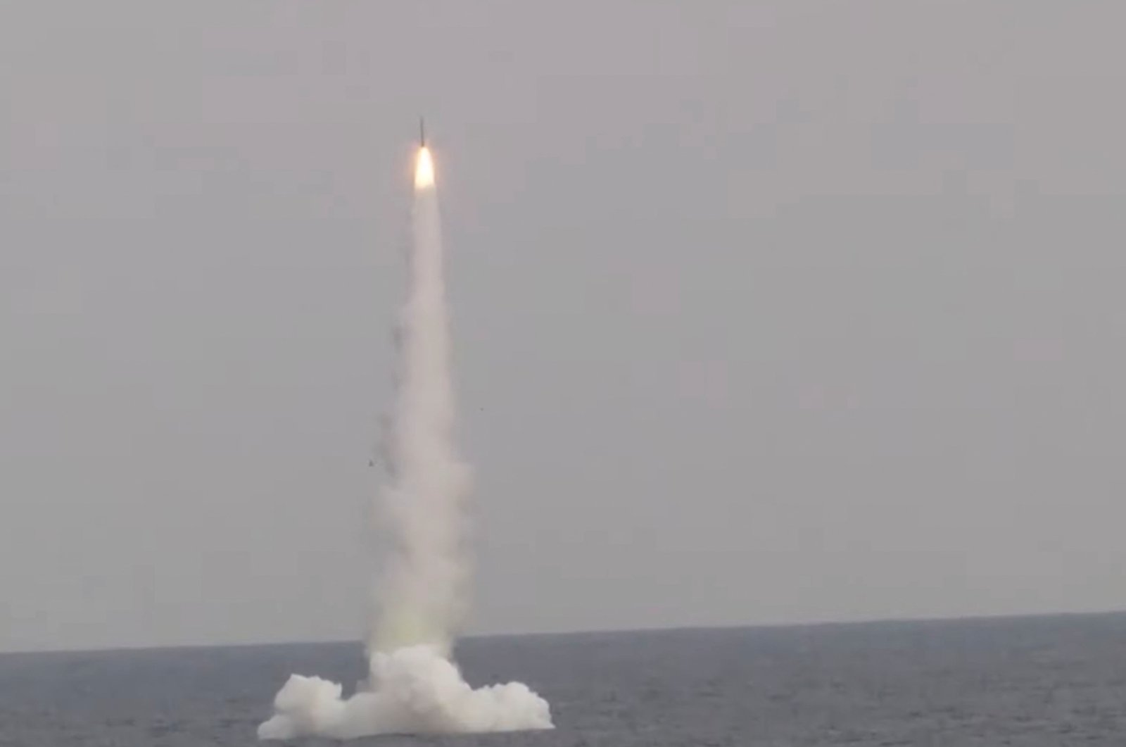 A Kalibr cruise missile is launched from Russian submarine Petropavlovsk-Kamchatsky of the Pacific Fleet during a test in the waters of the Sea of Japan, Dec. 21, 2021. (Russian Defence Ministry vie Reuters)