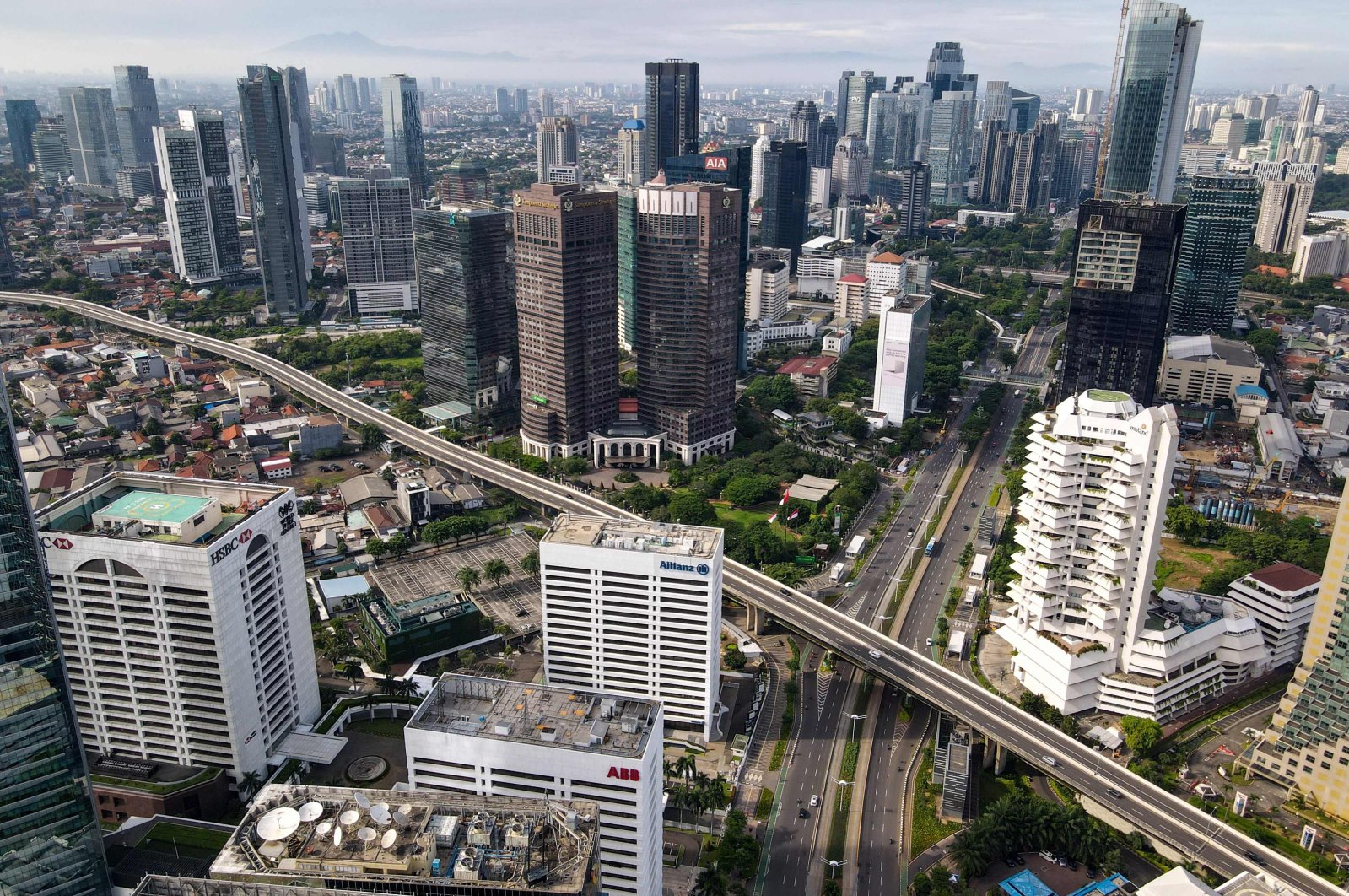 An aerial photo shows downtown on the first day of the New Year in Jakarta, Indonesia, on Jan. 1, 2022. (AFP Photo)