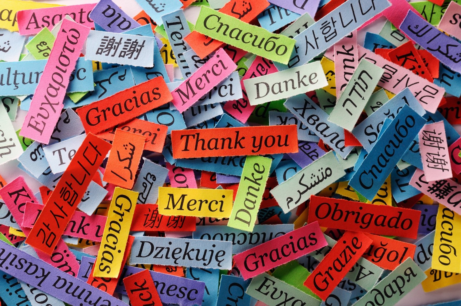 The phrase “Thank You” printed on colorful papers in different languages. (Shutterstock Photo)