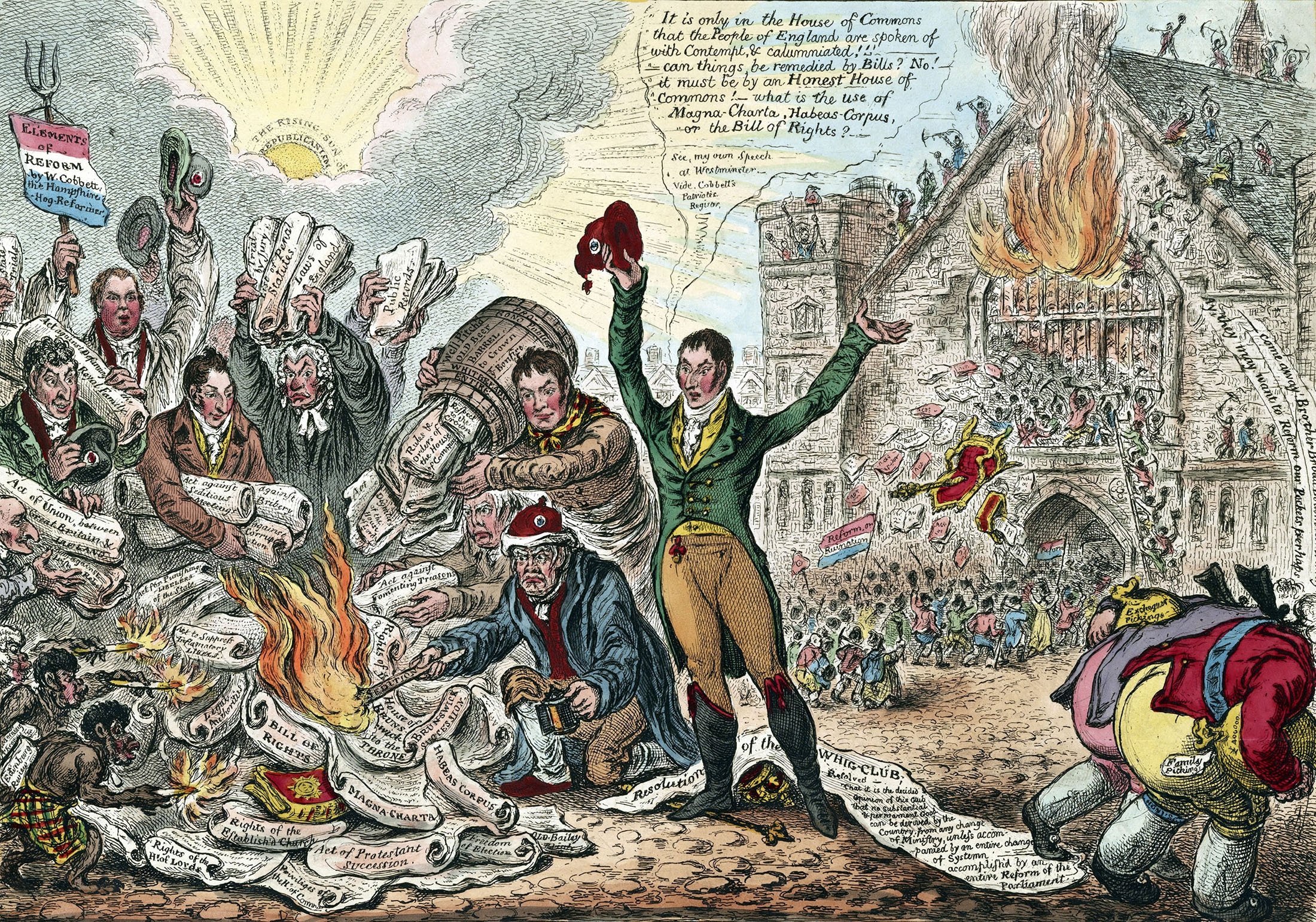 English politician Sir Francis Burdett makes a speech while waving a bonnet rouge (red cap) as patriots light a revolutionary bonfire while a mob destroys Parliament in the background, 1809. (Getty Images)