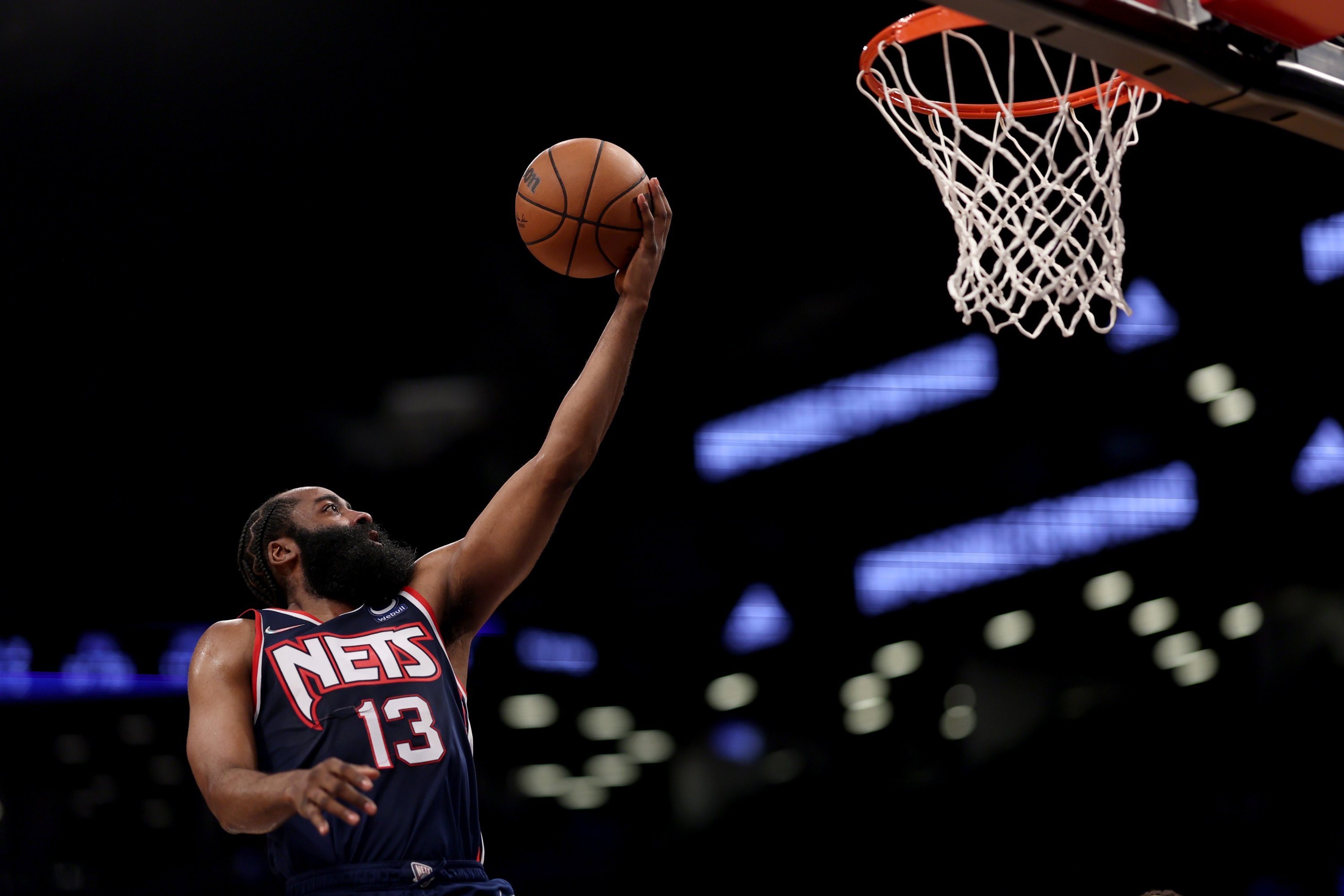 Brooklyn Nets' James Harden makes a layup during an NBA game against Los Angeles Clippers, New York City, U.S., Jan. 1, 2022. (AFP Photo)