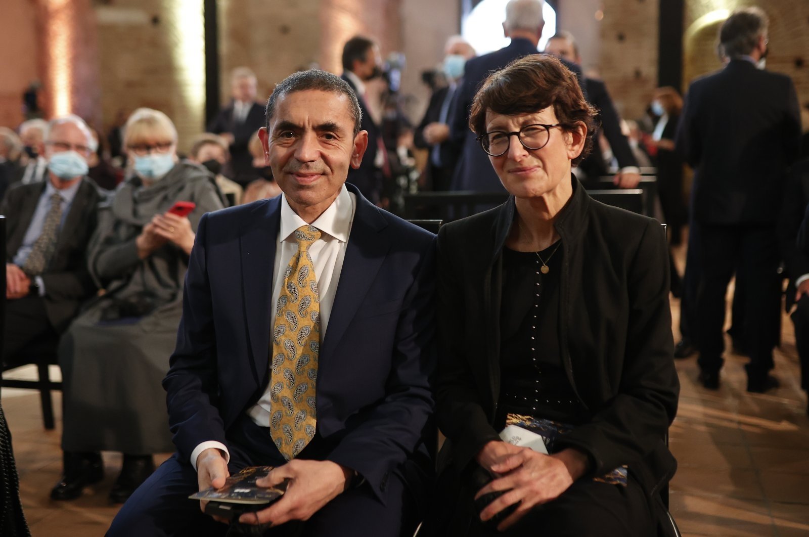Turkish-German scientists Uğur Şahin and Özlem Türeci attend an award ceremony in Athens, Greece on Oct. 13, 2021. (AA Photo)