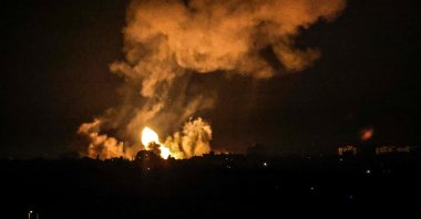 Smoke and a ball of fire rise following an airstrike in Khan Yunis in the southern Gaza Strip, Palestine, Jan. 2, 2022. (AFP Photo)