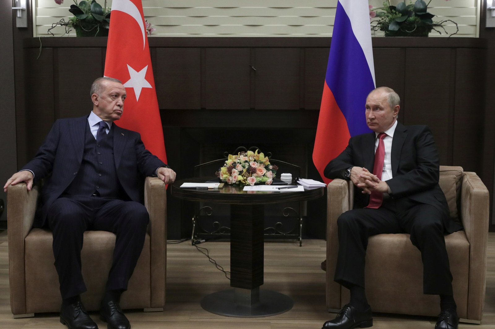 President Recep Tayyip Erdoğan attends a meeting with Vladimir Putin in Sochi, Russia, Sept. 29, 2021. (Sputnik/Vladimir Smirnov/Pool via Reuters)