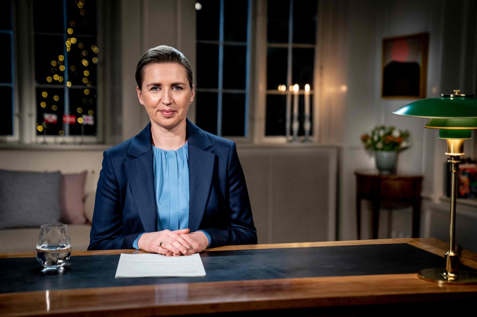 Denmark&#039;s Prime Minister Mette Frederiksen is pictured during the recording of her New Year&#039;s speech at the Prime Ministers representative housing Marienborg in Kongens Lyngby, Denmark, Dec. 30, 2021. (AFP Photo)
