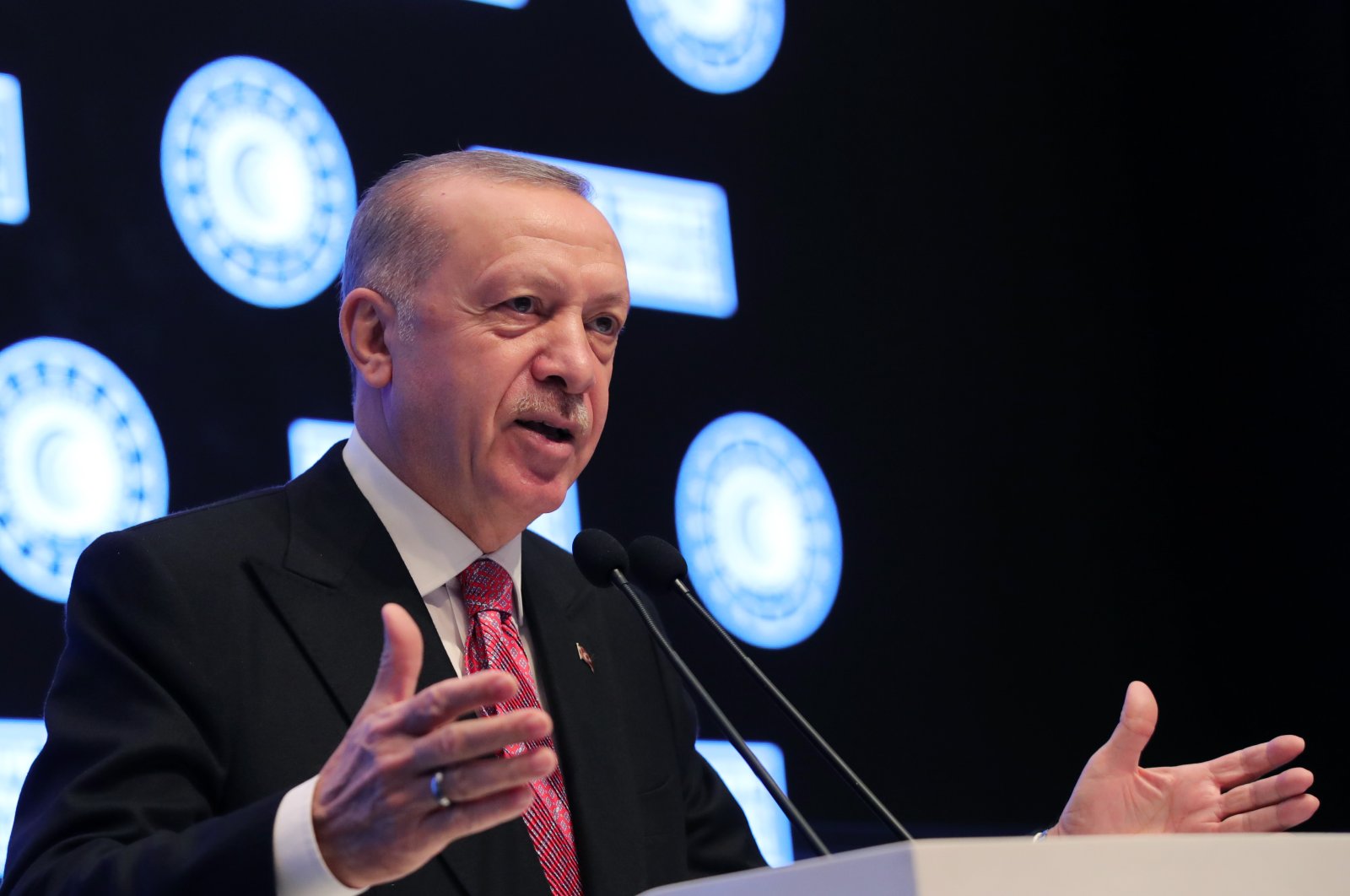 President Recep Tayyip Erdoğan speaking at a program on foreign trade in 2021 in Istanbul, Turkey, Jan. 3, 2021 (AA Photo)