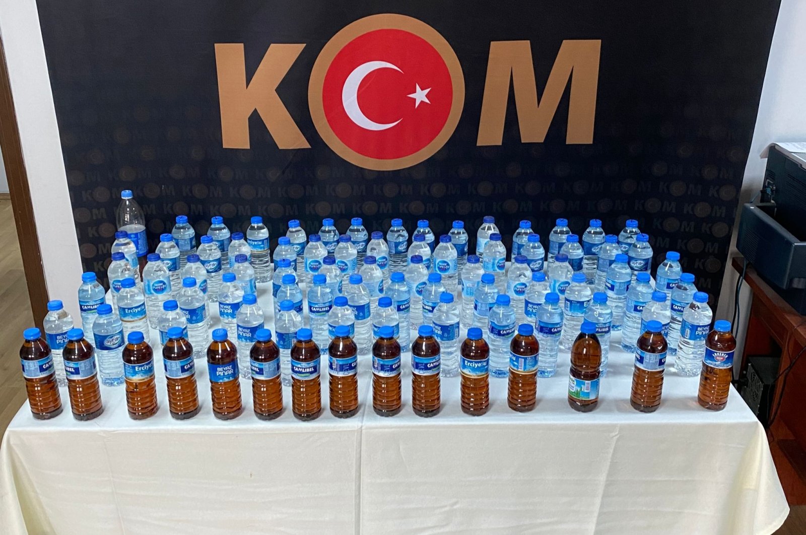 A police display of bootleg drinks seized in the Iskenderun district, in Hatay, southern Turkey, Jan. 1, 2022. (AA PHOTO)