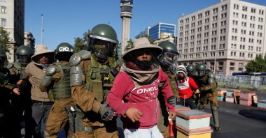 Beekeepers who demanded government measures to face the persistent drought that affects the country are detained by riot police after they blocked the street with honeycombs full of bees in front of the Chilean presidential palace, Santiago, Chile, Jan. 3, 2022. (Reuters Photo)