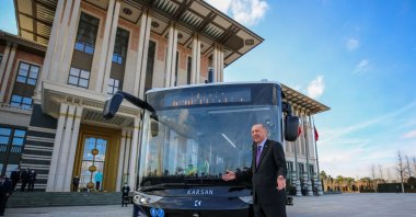 Turkey's first driverless electric bus is tested by President Recep Tayyip Erdoğan in the Beştepe Presidential Complex in the capital Ankara, Turkey, Feb. 1, 2021. (IHA Photo)