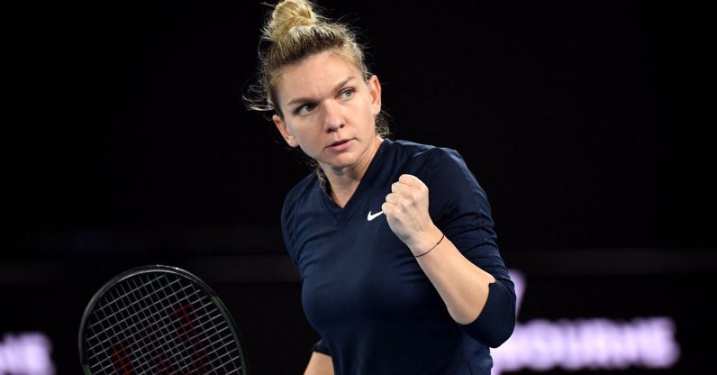 Romania&#039;s Simona Halep reacts during a match against Australia&#039;s Destanee Aiava at the Melbourne Summer Set tennis tournament, Melbourne, Australia, Jan. 5, 2022. (AFP Photo)