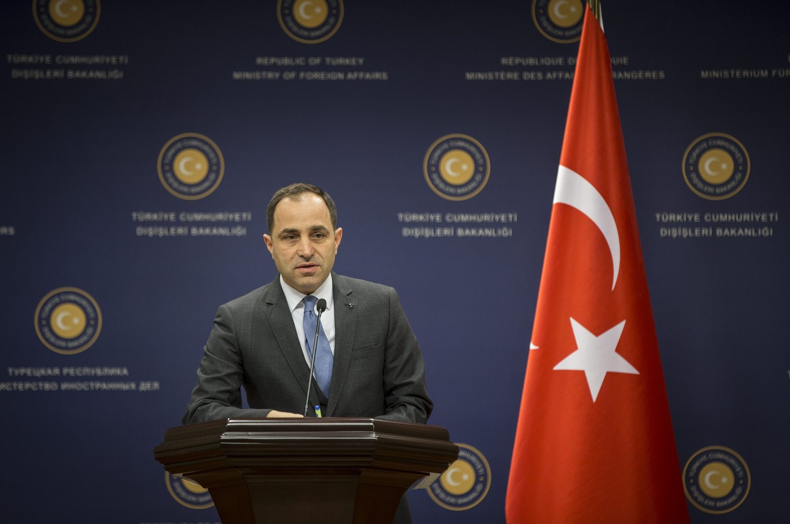 Foreign Ministry spokesperson Tanju Bilgiç speaks to reporters at a news conference in Ankara, Turkey, Feb. 16, 2016. (AA File Photo)