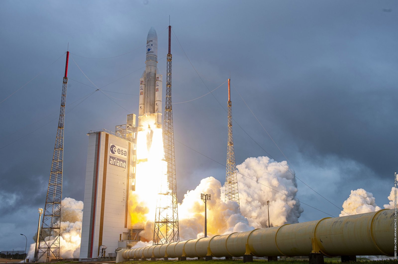 Arianespace&#039;s Ariane 5 rocket with NASA&#039;s James Webb Space Telescope onboard, lifts off at Europe&#039;s Spaceport, the Guiana Space Center in Kourou, French Guiana, Dec. 25, 2021. (AP Photo)