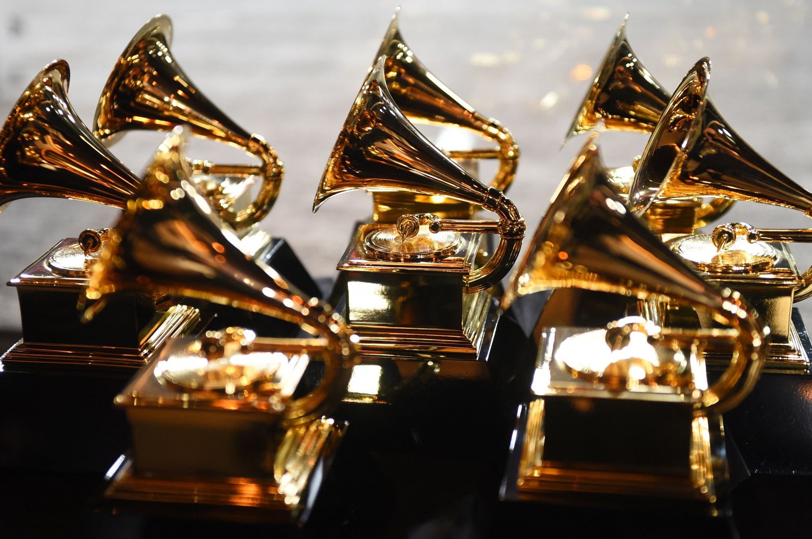 Grammy trophies sit in the press room during the 60th Annual Grammy Awards in New York, Jan. 28, 2018. (AFP Photo)
