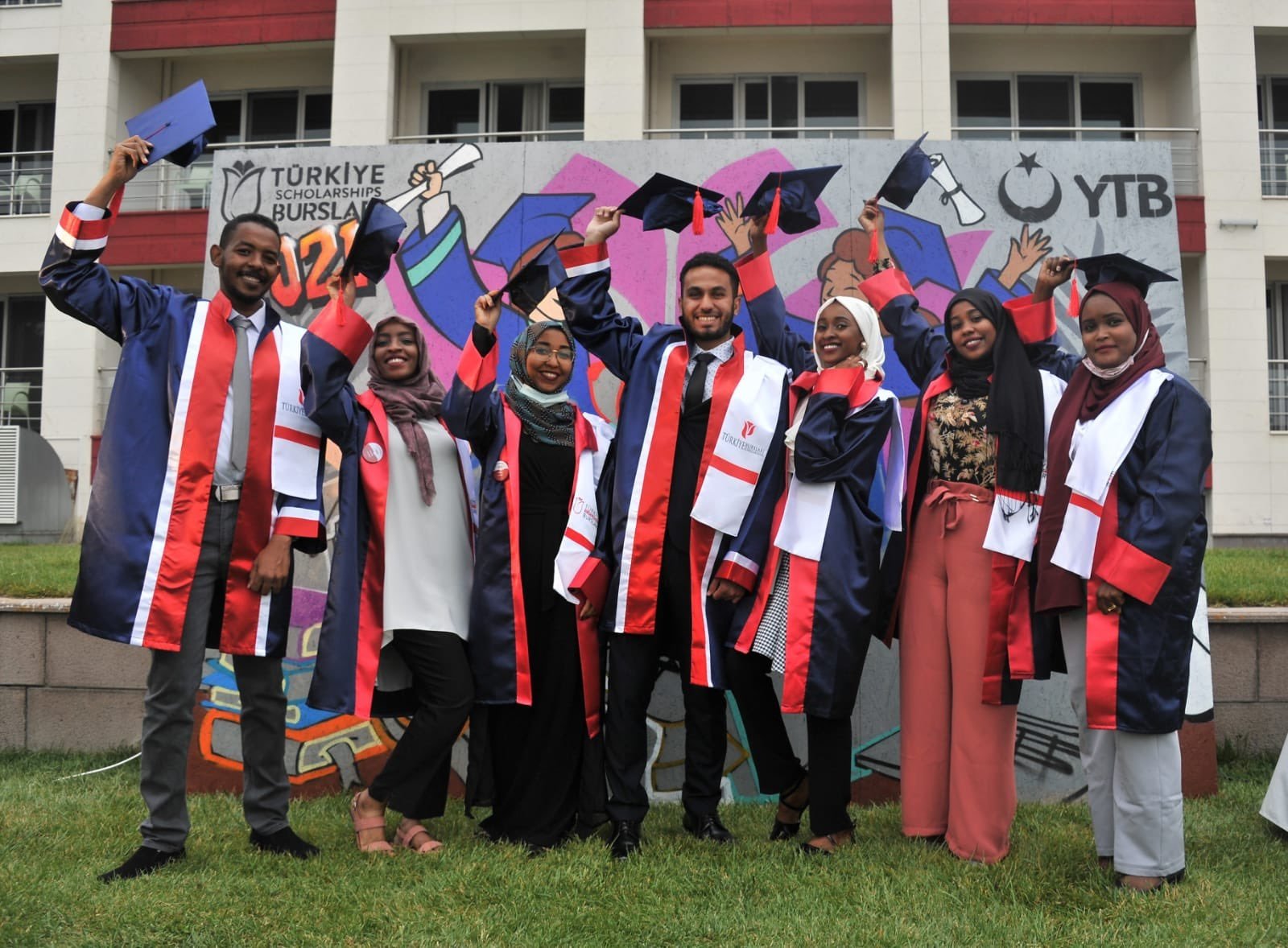 Türkiye Scholarships students celebrate graduation on the sidelines of a ceremony in the capital Ankara, Turkey, July 8, 2021. (COURTESY OF YTB)