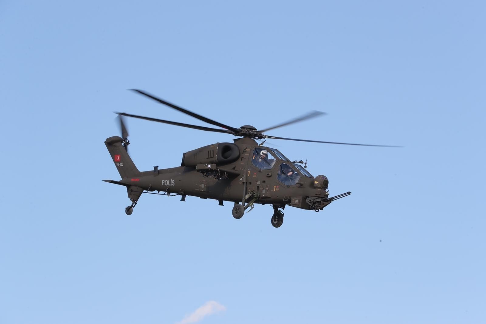 The upgraded version of the T129 Tactical Reconnaissance and Attack Helicopter delivered to Turkey&#039;s General Directorate of Security flies over the capital, Ankara, Turkey, May 17, 2021. (IHA Photo)