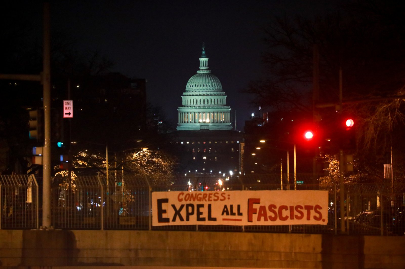 A banner reading &quot;Congress: Expel All Fascists&quot; can be seen unfurled in front of the U.S. Capitol, Washington, D.C., U.S., Jan. 6, 2021. (Photo by AA)