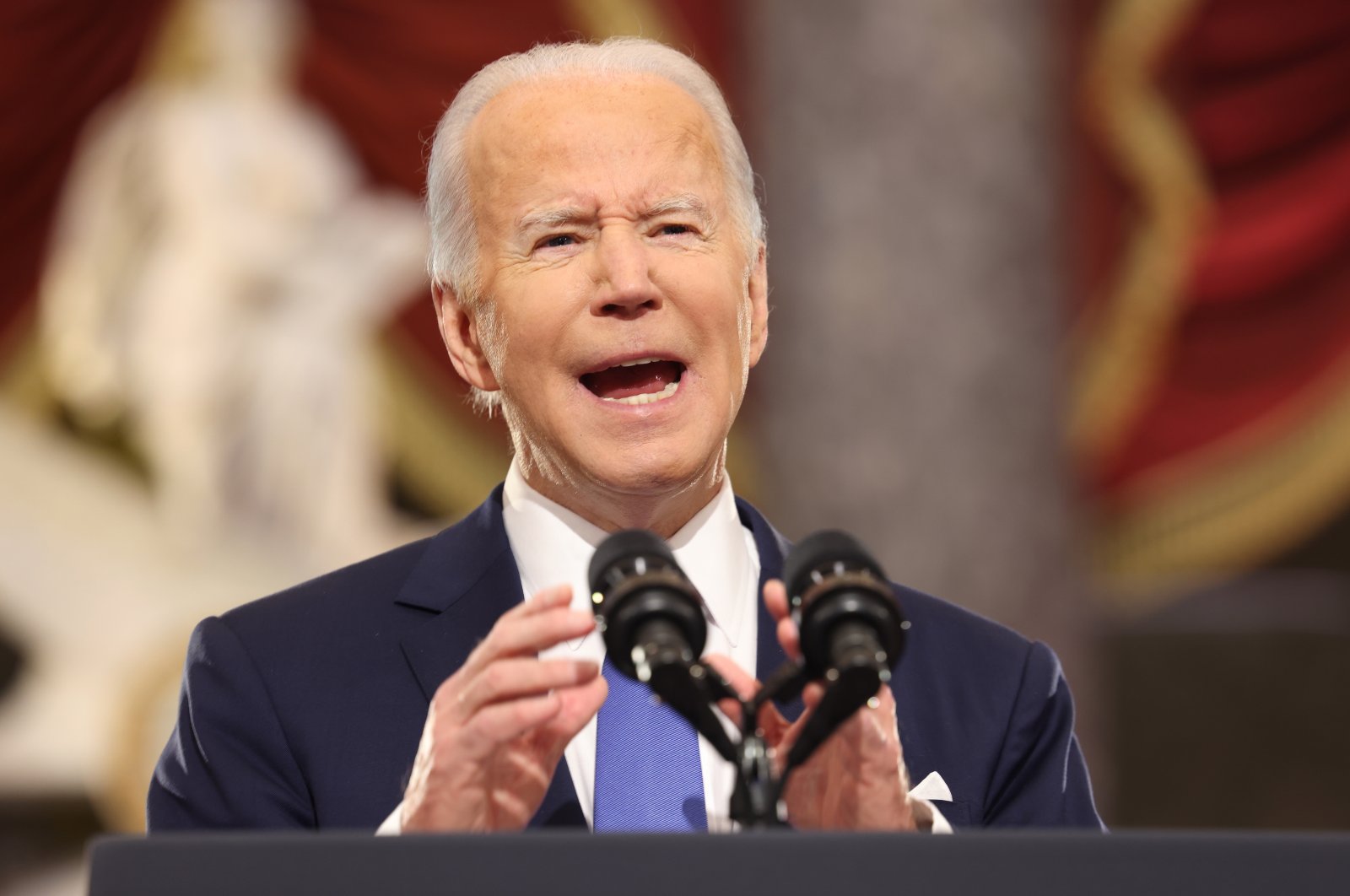 U.S. President Joe Biden delivers remarks on the one-year anniversary of the Jan. 6, 2021, insurrection at the Statuary Hall of the Capitol in Washington, U.S., Jan. 6, 2022. (EPA Photo)