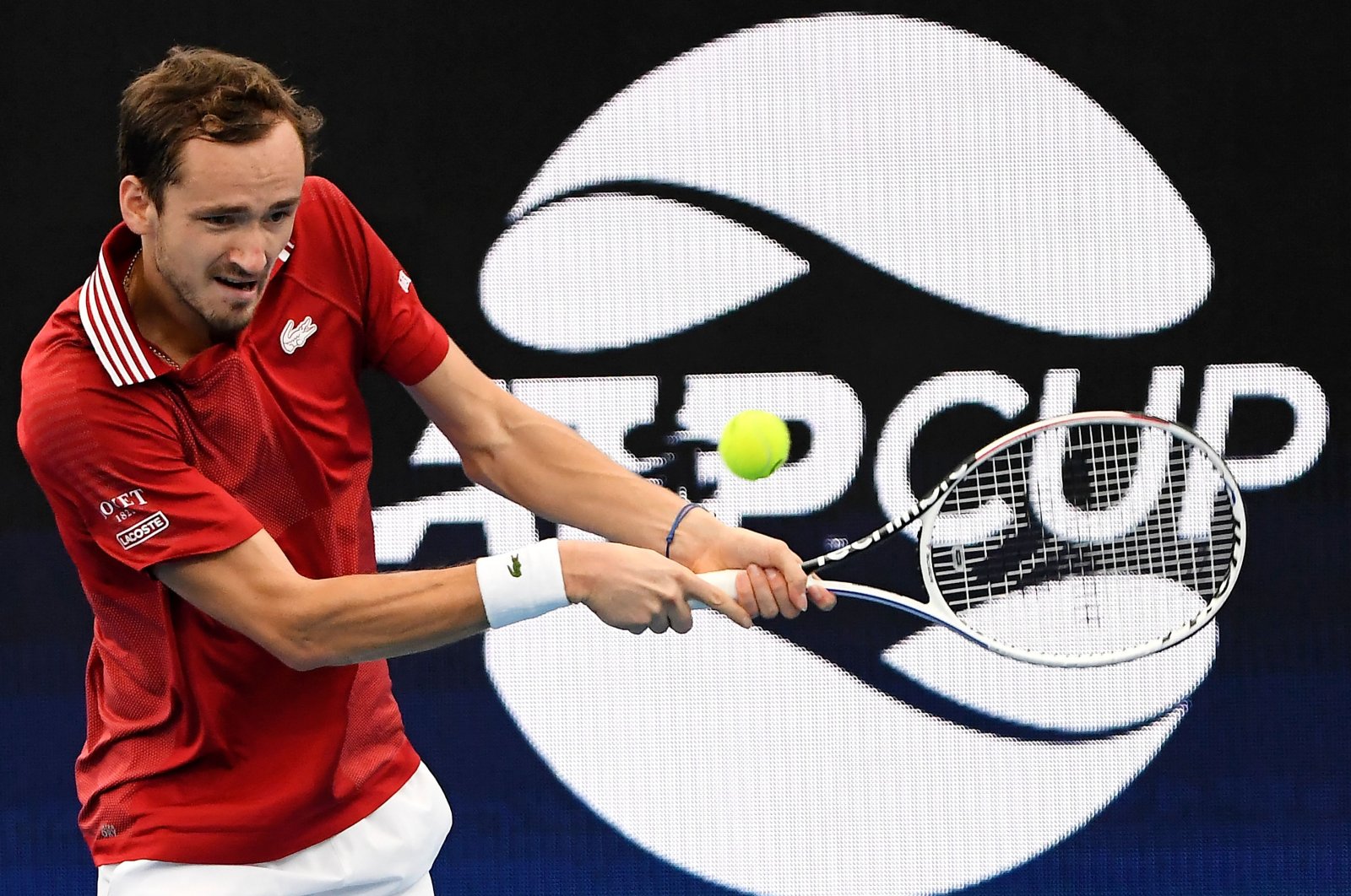 Russia&#039;s Daniil Medvedev in action against Italy&#039;s Matteo Berrettini during their men&#039;s singles tie at the 2022 ATP Cup, Sydney, Australia, Jan. 6, 2022. (AFP Photo)
