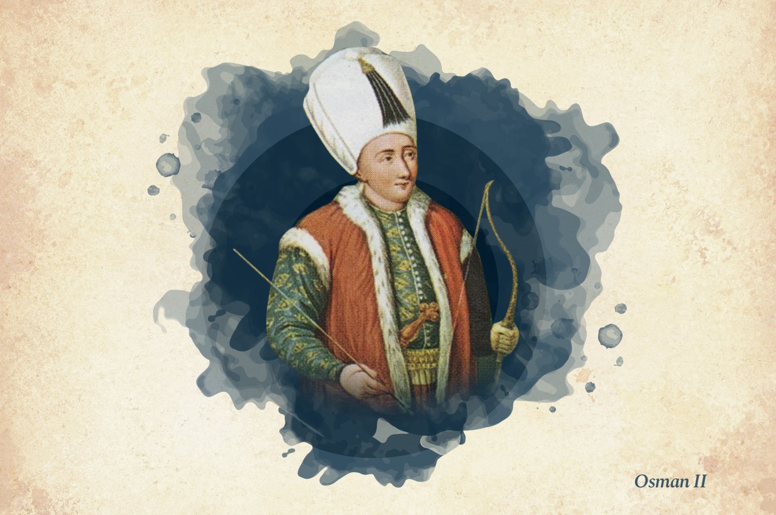 This widely used illustration painted by Konstantin Kapıdağlı shows Sultan Osman II, the 16th ruler of the Ottoman Empire. (Wikimedia / Edited by Büşra Öztürk)