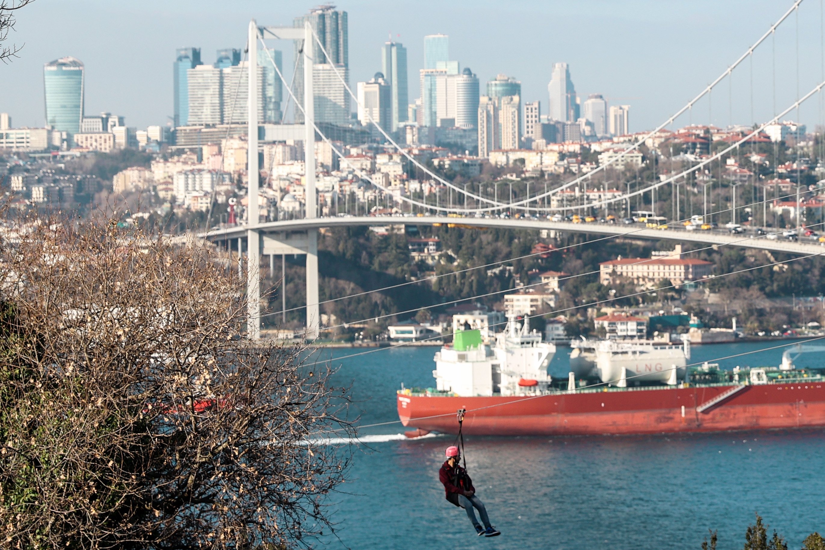 Adventure lovers in Istanbul can now feel their hearts race while ziplining and taking in a dazzling view of the Bosporus at the same time. (AA Photo)