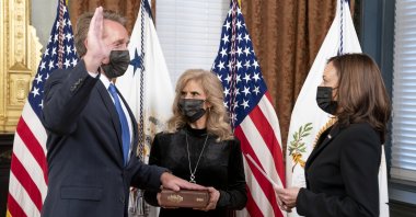 U.S. Vice President Kamala Harris (R) swears in Jeff Flake as ambassador to Turkey in the Ceremonial Office at the White House in Washington, DC, U.S., Dec. 10, 2021.  EPA/Leigh Vogel / POOL