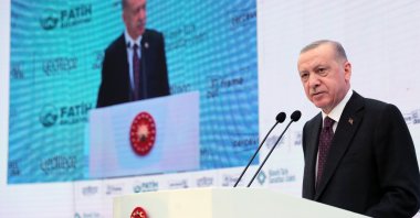 President Recep Tayyip Erdoğan speaks at the opening ceremony of the Yeditepe Biennial, at Süleymaniye Mosque Imaret Darüzziyafe, Istanbul, Jan. 7, 2022. (AA) 