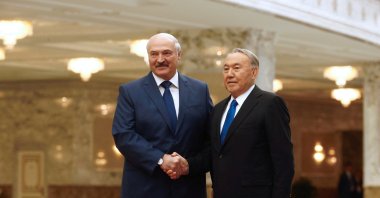 Belarussian President Alexander Lukashenko (L) and former Kazakh President Nursultan Nazarbayev pose for a photo during a meeting of the Collective Security Treaty Organization (CSTO) heads of state in Minsk, Belarus, Nov. 30, 2017. (Reuters Photo)