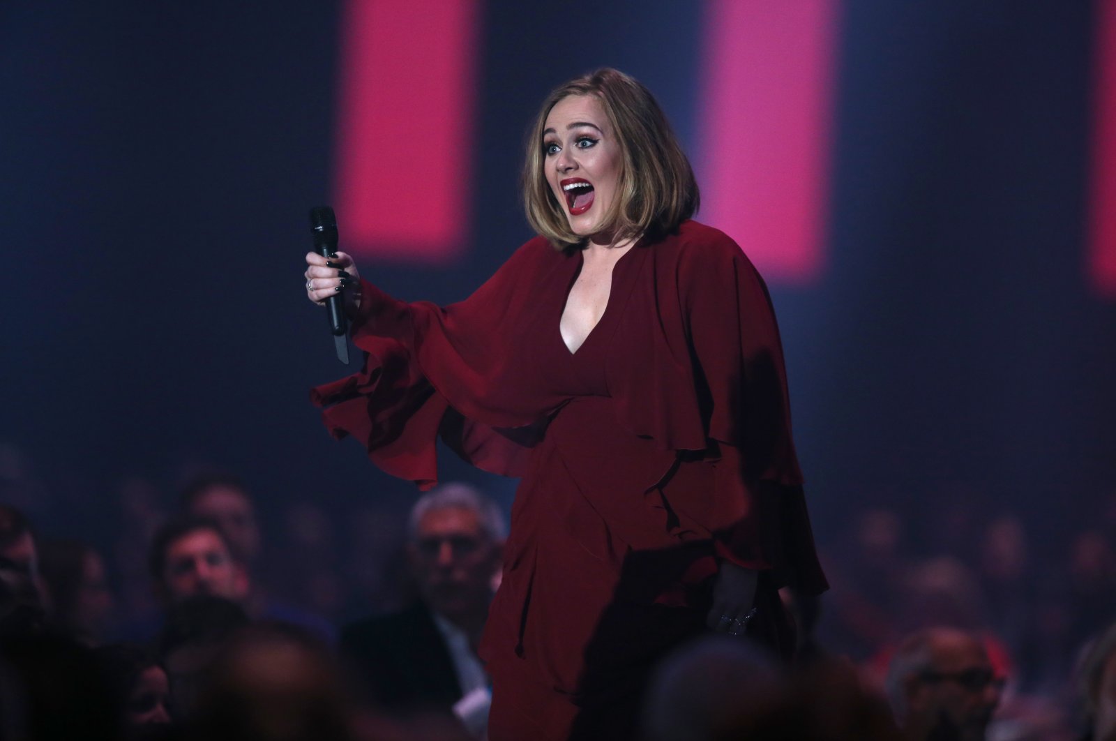 Singer Adele makes her way to the stage to receive the Best British Single award at the Brit Awards 2016 at the 02 Arena in London, England, Feb. 24, 2016. (AP)