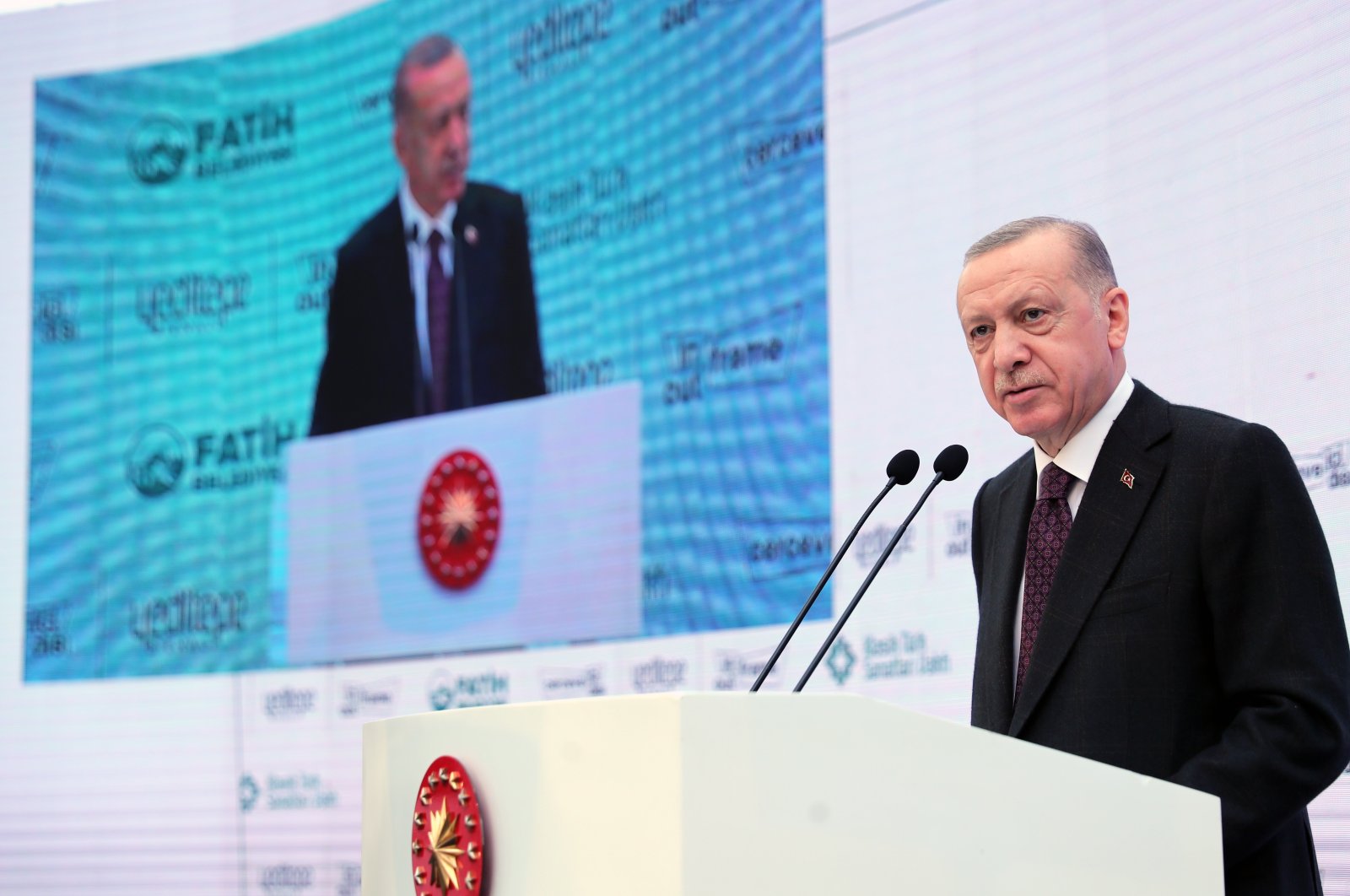 President Recep Tayyip Erdoğan speaks at the opening ceremony of the Yeditepe Biennial, at Süleymaniye Mosque Imaret Darüzziyafe, Istanbul, Jan. 7, 2022. (AA) 