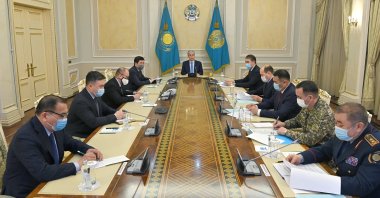 Kazakh President Kassym-Jomart Tokayev chairs a meeting of the emergency operations center following mass protests triggered by fuel price increase in Nur-Sultan, Kazakhstan Jan. 8, 2022. (Presidency of Kazakhstan via Reuters)