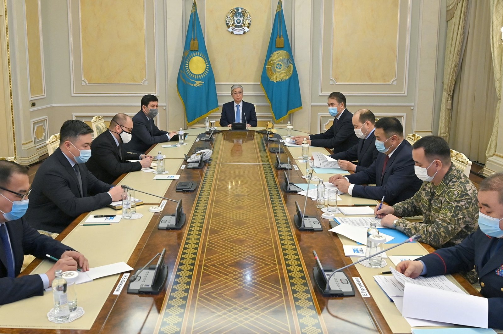 Kazakh President Kassym-Jomart Tokayev chairs a meeting of the emergency operations center following mass protests triggered by fuel price increase in Nur-Sultan, Kazakhstan Jan. 8, 2022. (Presidency of Kazakhstan via Reuters)