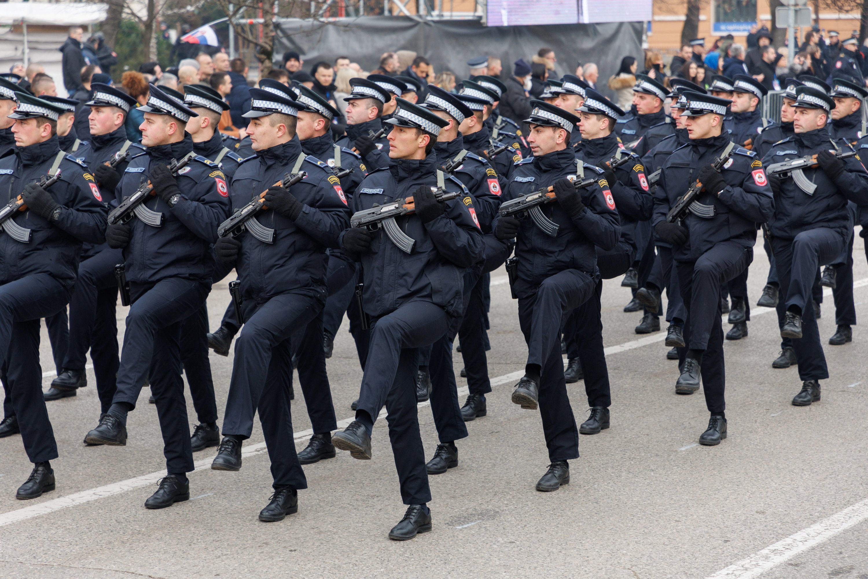 Police march during parade celebrations to mark their autonomous Serb Republic's banned national holiday in Banja Luka, Bosnia-Herzegovina, Jan. 9, 2022. (Reuters Photo)