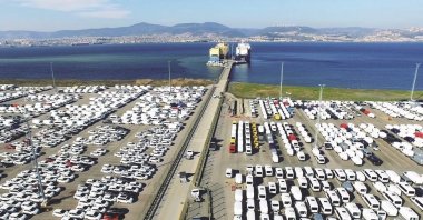 Vehicles line a port at a Turkish auto production center, Bursa province, northwestern Turkey, Oct. 10, 2021. (AA Photo)