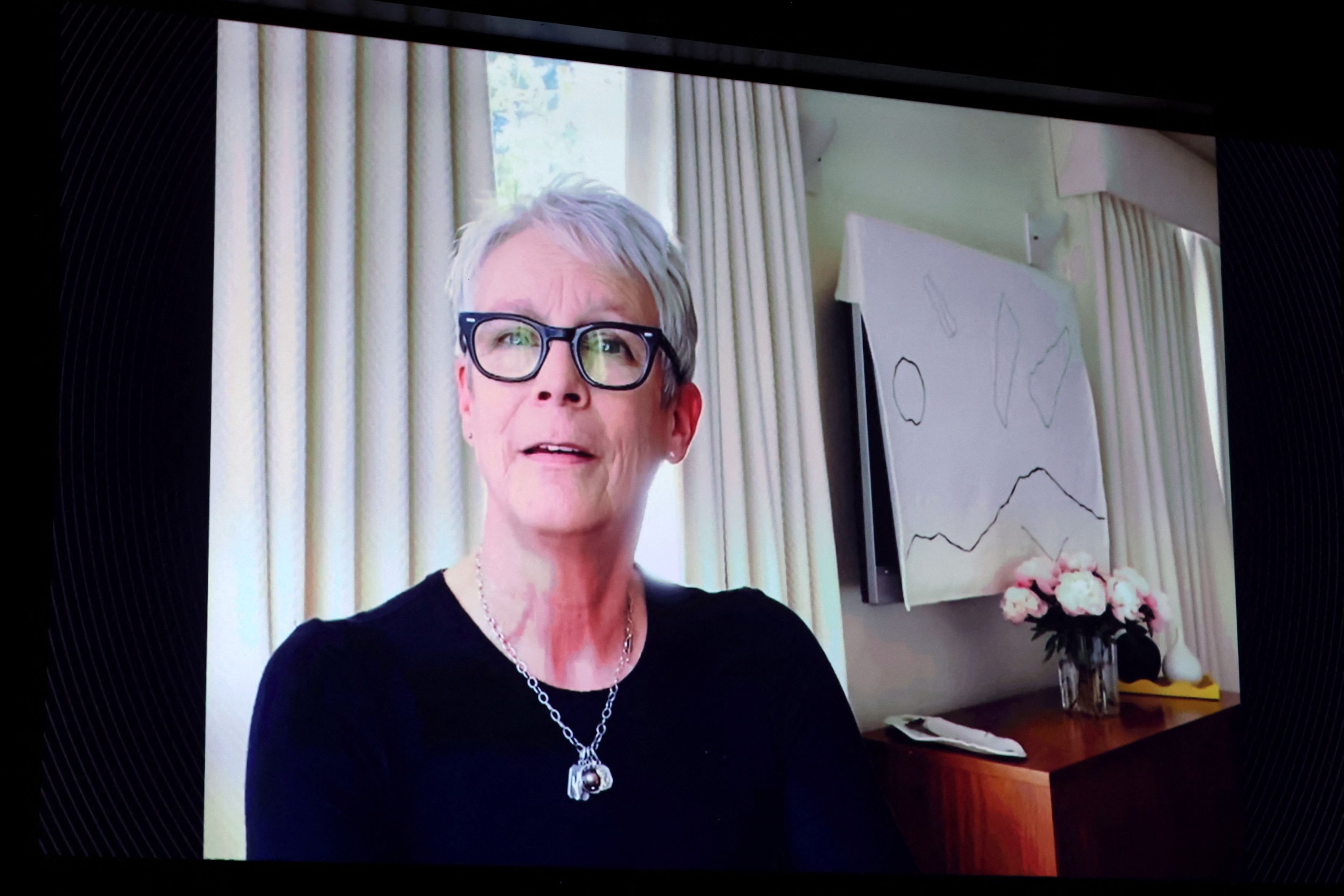 This handout image released by the Hollywood Foreign Press Association (HFPA) shows actress Jamie Lee Curtis speaking onscreen during the 79th Annual Golden Globe Awards at The Beverly Hilton on January 9, 2022, in Beverly Hills, California. (AFP)