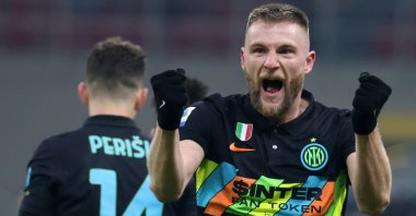 Inter Milan’s Milan Skriniar celebrates scoring in a Serie A match against SS Lazio, Milan, Italy, Jan. 9, 2022. (EPA Photo)