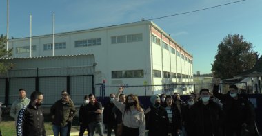 Laid-off employees protest in front of the Oppo factory in Tuzla, Istanbul, Turkey, Jan. 10, 2022. (IHA Photo)